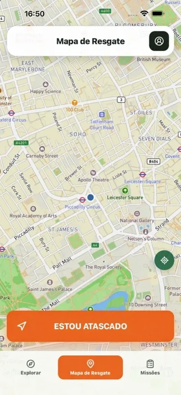 Ecrã da Stuck: mapa e botão para iniciar um pedido de ajuda.