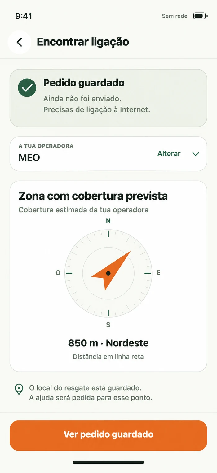 Ecrã ilustrativo da Stuck com um pedido guardado e orientação para procurar cobertura de rede.