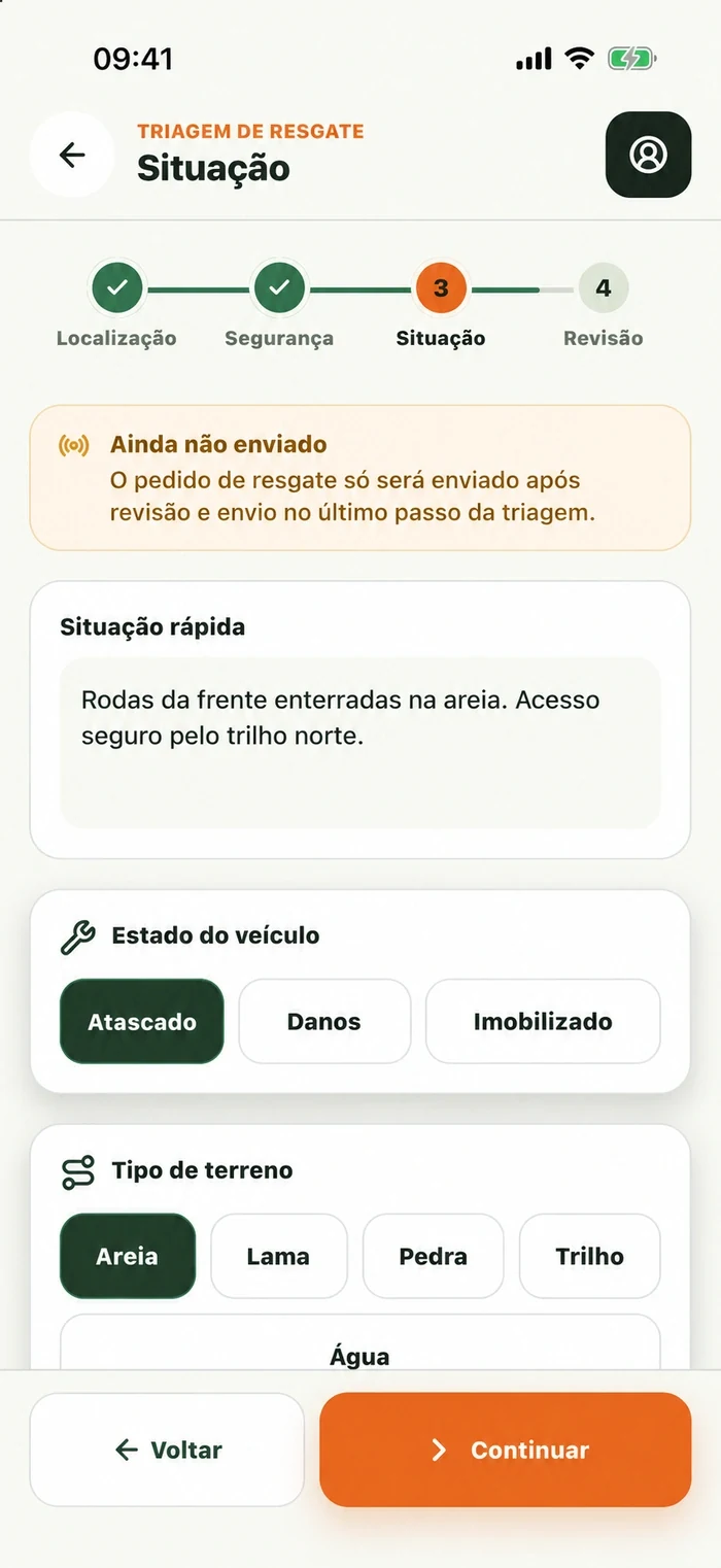 Ecrã da Stuck: situação atual, estado do veículo e terreno.
